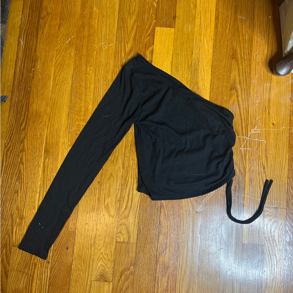 Caution To The Wind One Sleeve Side Tie Ribbed Crop Top Size Small